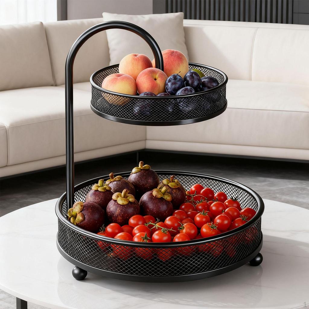 2-Layer Fruit Basket, Non-Slip Mesh Container for Living Room