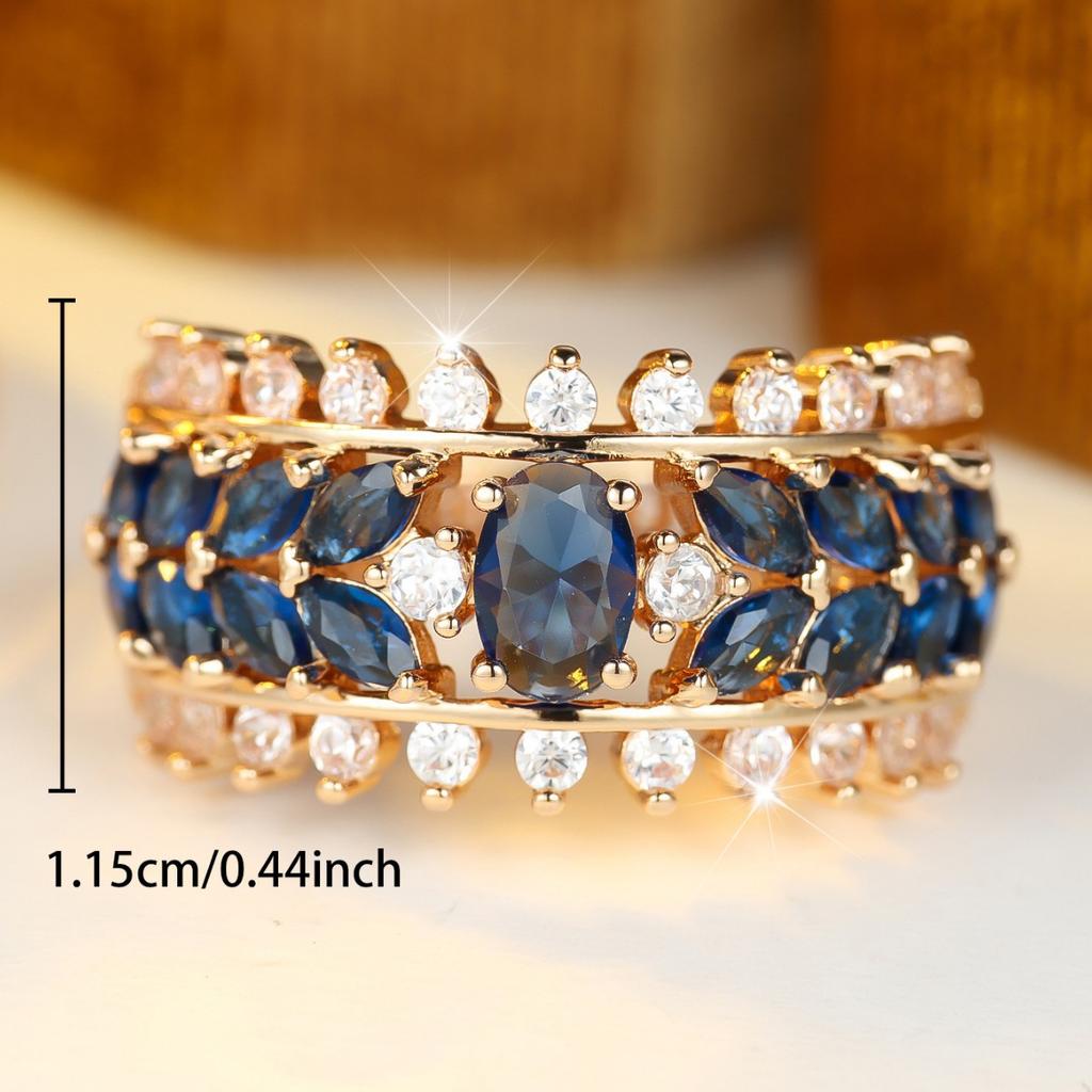 European and American retro royal blue gemstone ring Heavy-duty layered ring with blue cubic zirconia stones, a luxurious accessory
