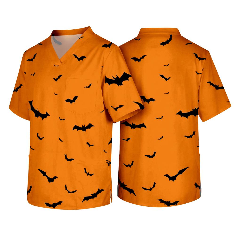 Men V Neck Short Sleeve Halloween Print Chest Pocket Scrub Top Comfortable Fit Soft Fabric Workwear Shirt