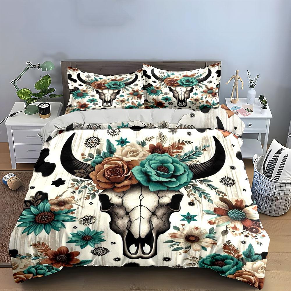 Floral Skull Western Bedding Set Bedding Duvet Cover Set Duvet Cover Pillowcases (1 * Duvet Cover 2 * Pillowcases, Without Duvet Insert)