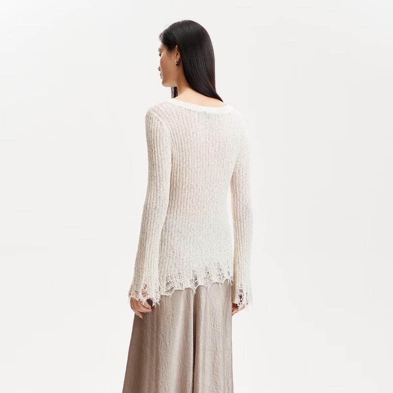 VEROMODA 2025 Summer Frayed Ripped Floral V-Neck Knit Sweater