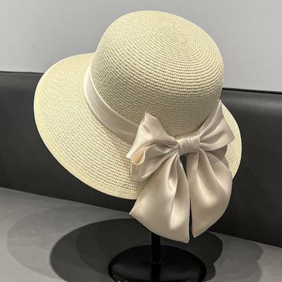 Breathable Women's Sunshade Straw Hat with Bowknot Visor for Summer Outings and Sun Protection