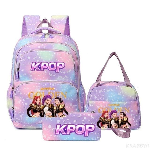 Three-Piece Kpop Demon Hunter Girl Color School Bag Lunch Bag Pencil Case Set Gift Box