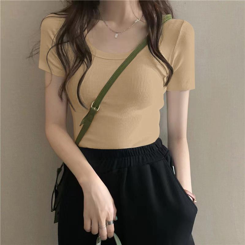 New Spring and Summer Solid Color Versatile Short-sleeved T-shirt Top for Women's Front Shoulder Thread Round Neck Slim