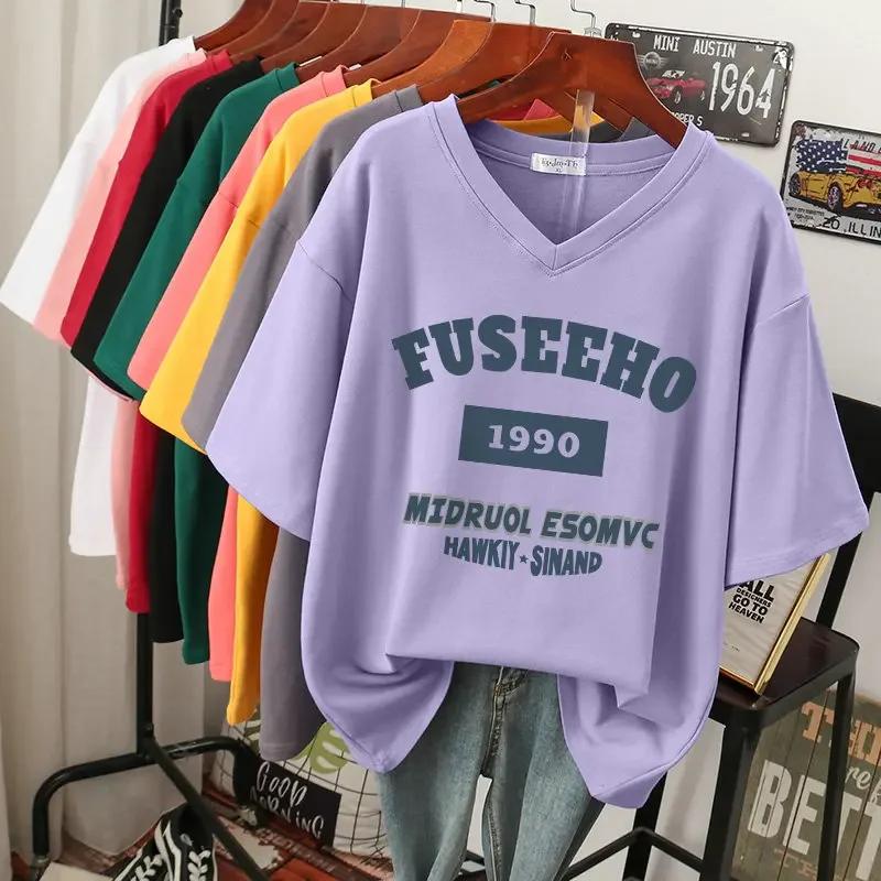 

Женская футболка с буквенным принтом, летняя, большого размера, с короткими рукавами, однотонный топ, пара, напечатанная цифра, O-образный вырез, свободные футболки 5XL фиолетовый