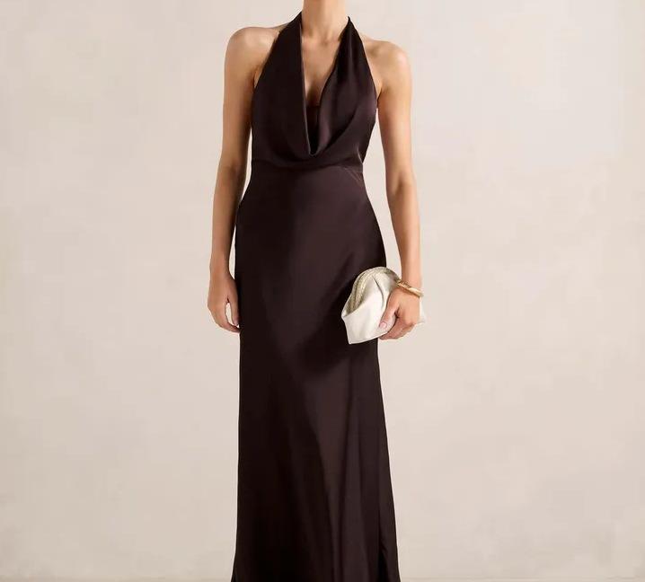 2026 European and American foreign trade elegant backless satin dress temperament deep V neck swinging collar evening dress dress S чёрный