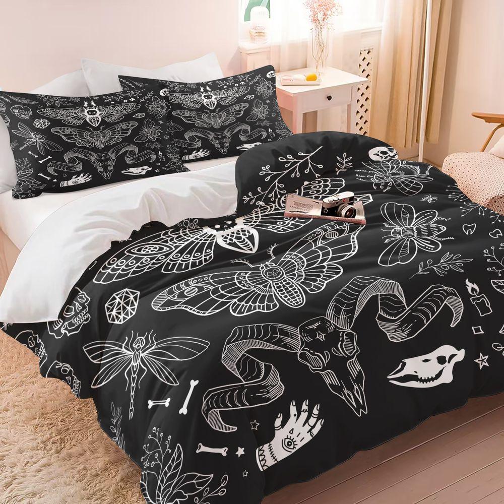 2/3Pcs Gothic Moth Skull Duvet Cover Set(1 Duvet Cover & 1/2 Pillowcase) Soft Bedding Set Aesthetic Dark Decor for Bedroom