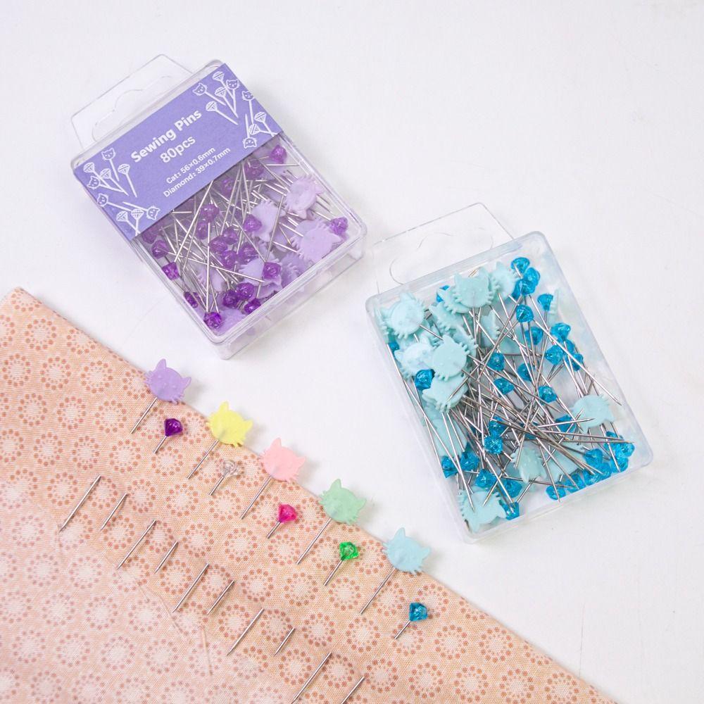 80pcs Dressmaker Quilting Cat-Shaped Diamond Head Pins DIY Crafts Pin Cushion  Apparel Accessories