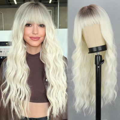 Synthetische lange gewellte Perücken mit Pony-Verlängerungen, natürliche Perücke, Hochtemperaturfaser-Perücke für Damen, Cosplay-Kleidung
