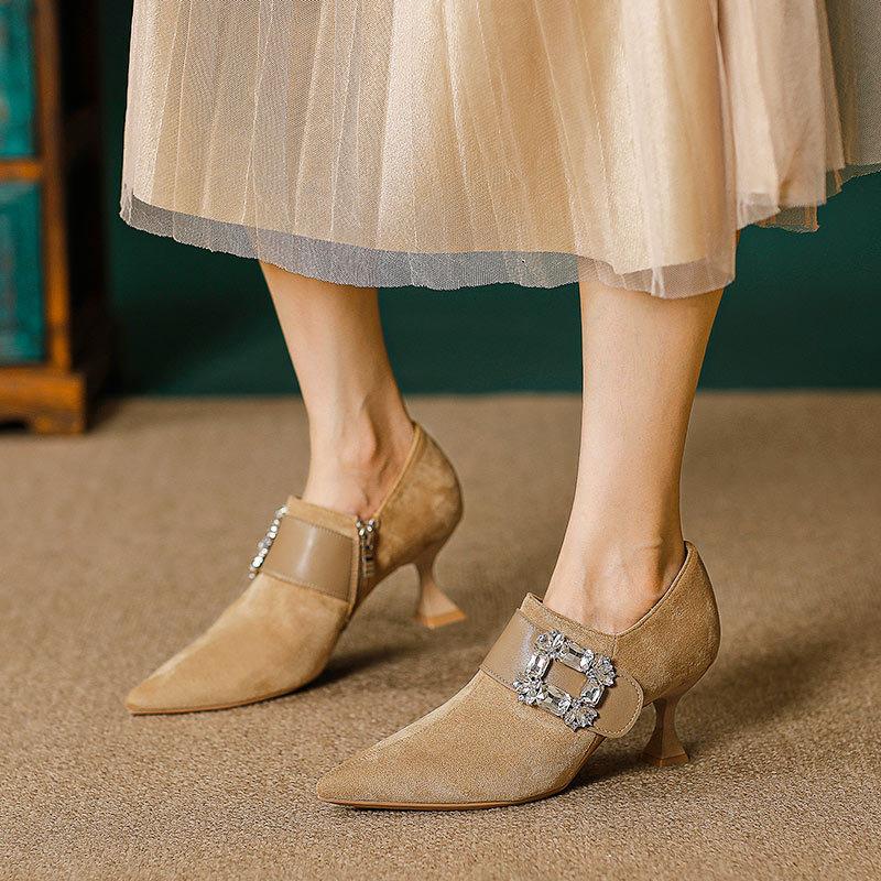 Fashion Women Vulcanized Shoes High Heels Pointed Toe Diamond Buckle Stiletto Heel 2025 New French Style Spring Autumn Women Shoes