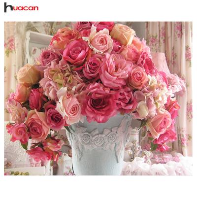 Pintura de diamante 5D con flores de rosa rosa y diamantes de imitación para punto de cruz, bordado de diamantes