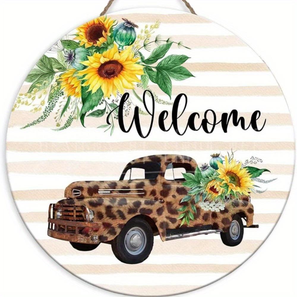 1pc 2d Flat Retro Round Wooden Sign Flower Market Flower Truck, Novel and Interesting Garage Bar Kitchen Home Family Friend Gift Wooden Sign- 20cm