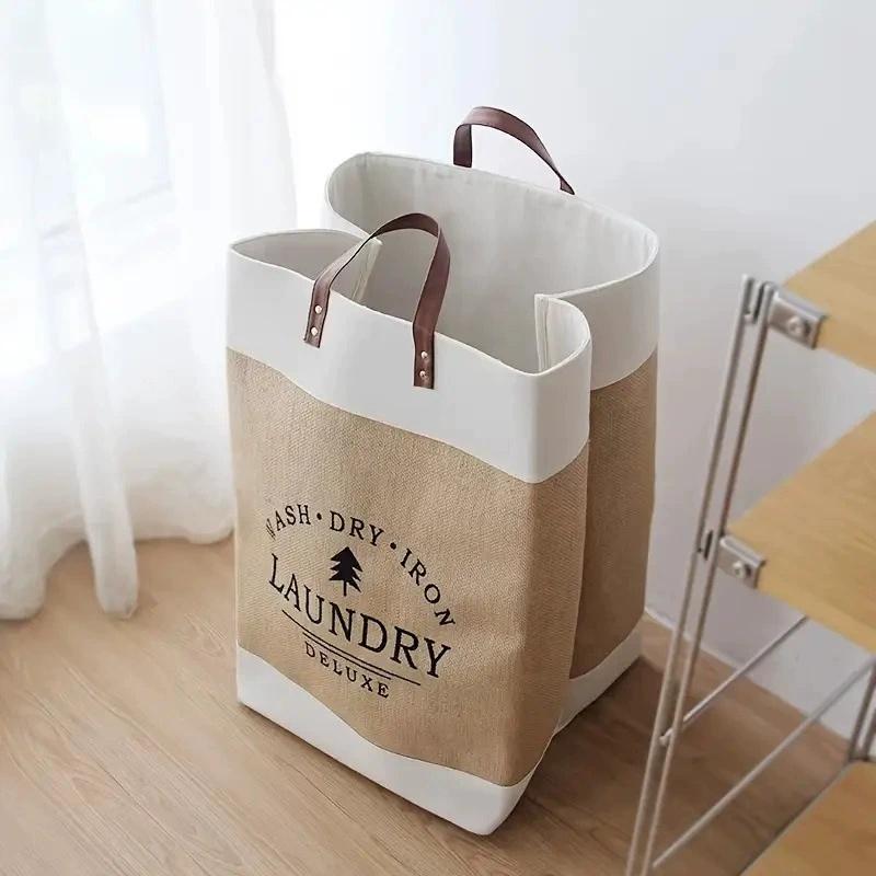 Vintage Linen Fabric Large Capacity Laundry Storage Basket. Household Dirty Clothes Basket Toy Storage,Foldable Design