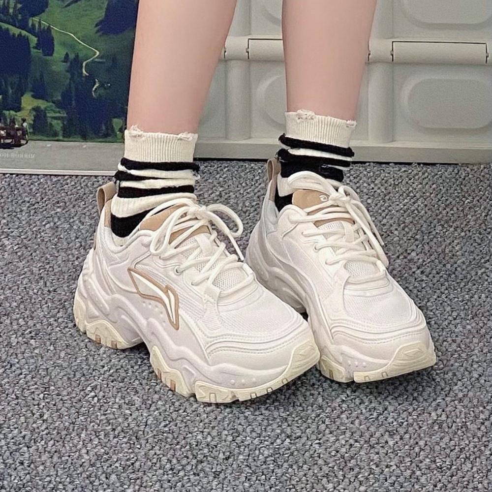 Li Ning Cushioning Slip Resistant Abrasion Resistant Breathable Lightweight Low Top Chunky Sneakers Women's White AGCT424-1