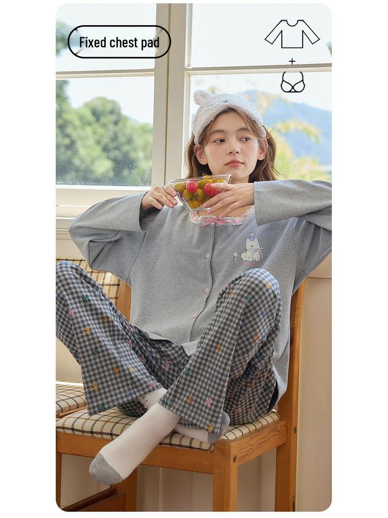 Women's Long-Sleeve, Long-Pant Pajama Onesie with Built-in Bra Pad, Round Neck, Wearable Outdoors, Cute for Home or Casual Wear
