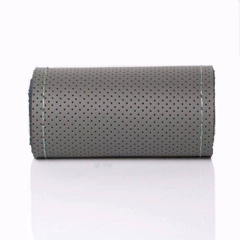 Steering Wheel Cover, Genuine Leather Hand-Stitched Steering Wheel Cover, Universal for All Seasons, Cowhide Handlebar Cover, Anti-Slip Leather Cover First Layer Gray Perforated