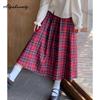 Japanese Mori Girl Spring Autumn Women Midi Skirt High Waist Burgundy Plaid Vintage Skirt Sweet Girl's Elegant Retro Skirts Womens