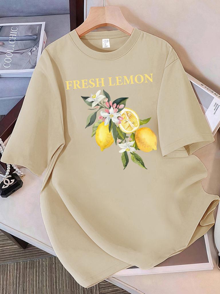 100 Cotton Summer TShirts Womens Fresh Lemon Flowers Printing Tops Comfortable Soft ONeck Short Sleeve Casual Womans Clothes