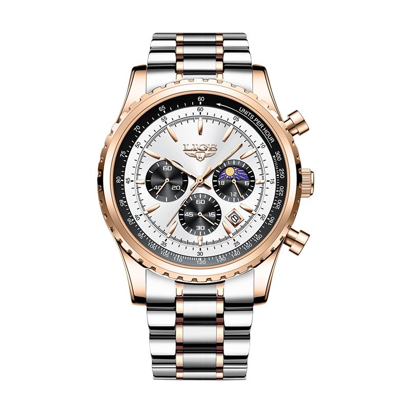 LIGE Business Men's Watch Chronograph Quartz Wristwatch Fashion Moon Phase Calendar Clock Waterproof Luminous Male Watch