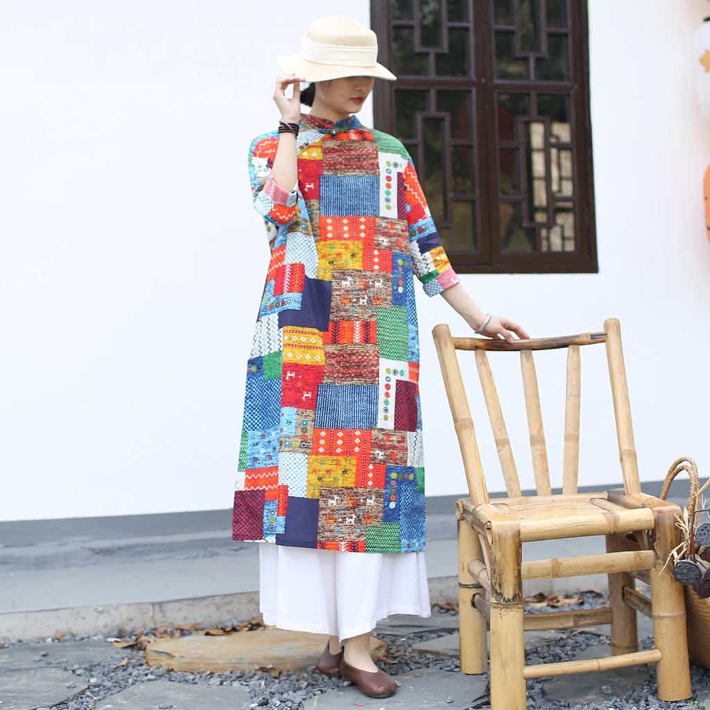 Johnature Women Vintage Patchwork Color Dress Stand Long Sleeve Spring A-Line Plaid Dresses