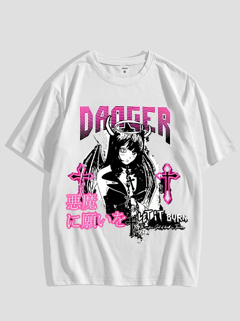 Dagger Let It Burn Devil Angel Anime Girl Pink Cross Japanese Kanji Print TShirt Unisex Unisex Casual Cotton Tee Short Sleeve Tops
