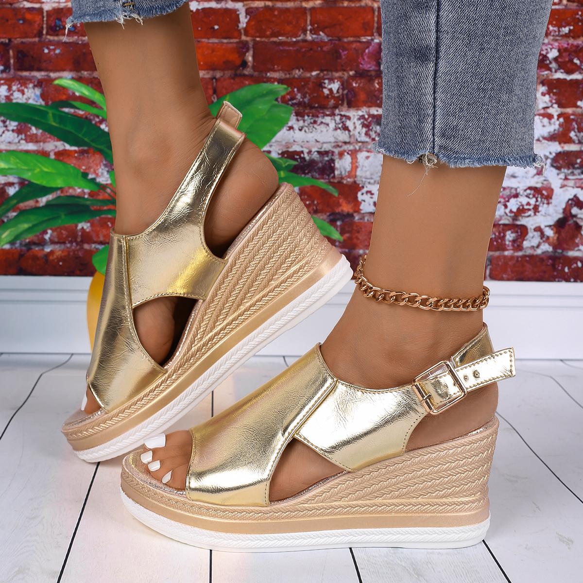 

Новые летние сандалии с круглым носком, на толстой подошве, удобные, с открытым носком, на модной танкетке, больших размеров, с пряжкой, повседневные сандалии 37 золотой