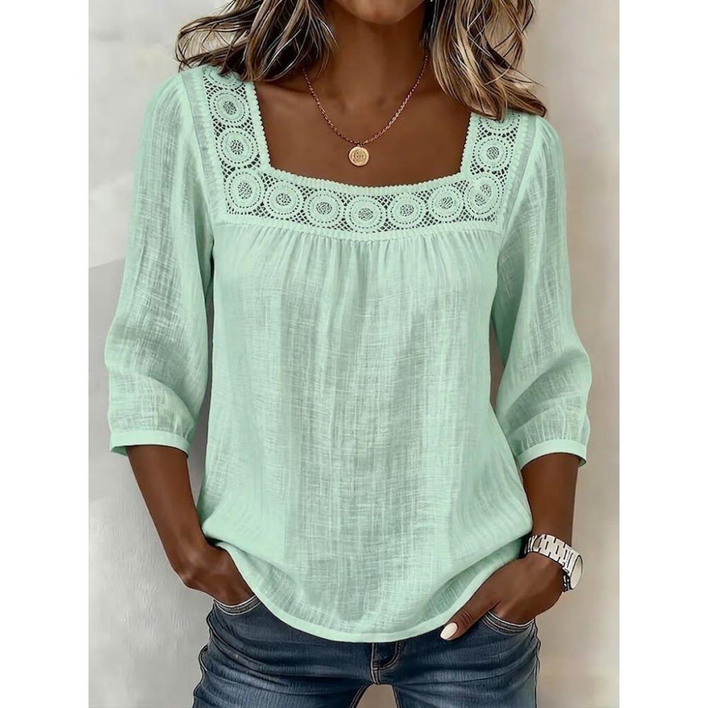 Dames Zomer Effen Kleur Casual Vierkante Hals Kant Ingezet 3/4 Mouw Top