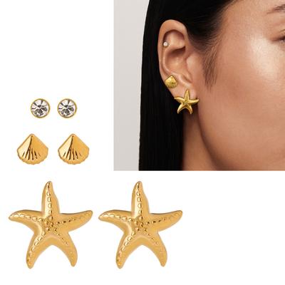 3 Pair Starfish Shell Earrings Set Fashionable Stackable Ear Studs Ocean Inspired Jewelry Accessories for Women