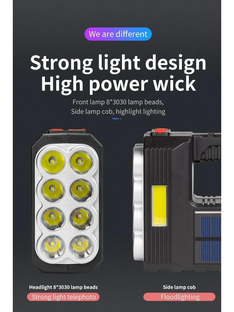 Outdoor Camping Searchlight 8LED Bulbs Solar Charging Handheld Flashlight USB Charge Portable Lamp 4 Bright Lighting Modes