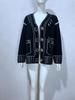 European & American Style Loose Color-block Knit Cardigan with Decorative Pockets for Women