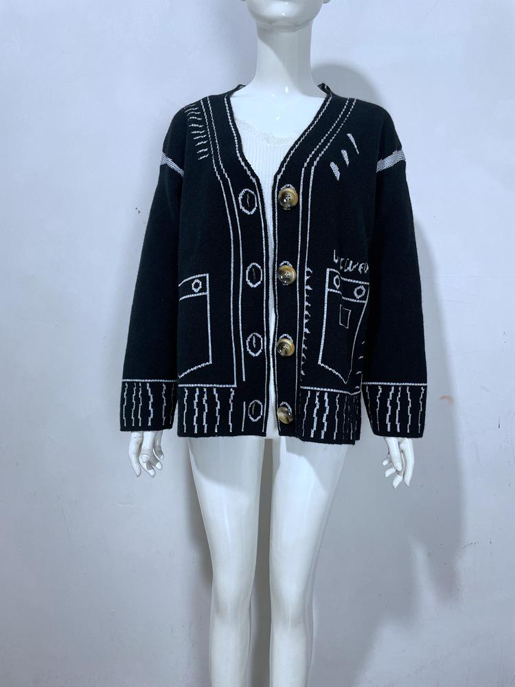European & American Style Loose Color-block Knit Cardigan with Decorative Pockets for Women