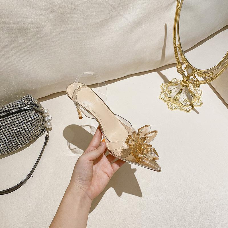 Sample to map OEM custom rhinestone transparent word with high heels, sandals women's versatile summer women's models