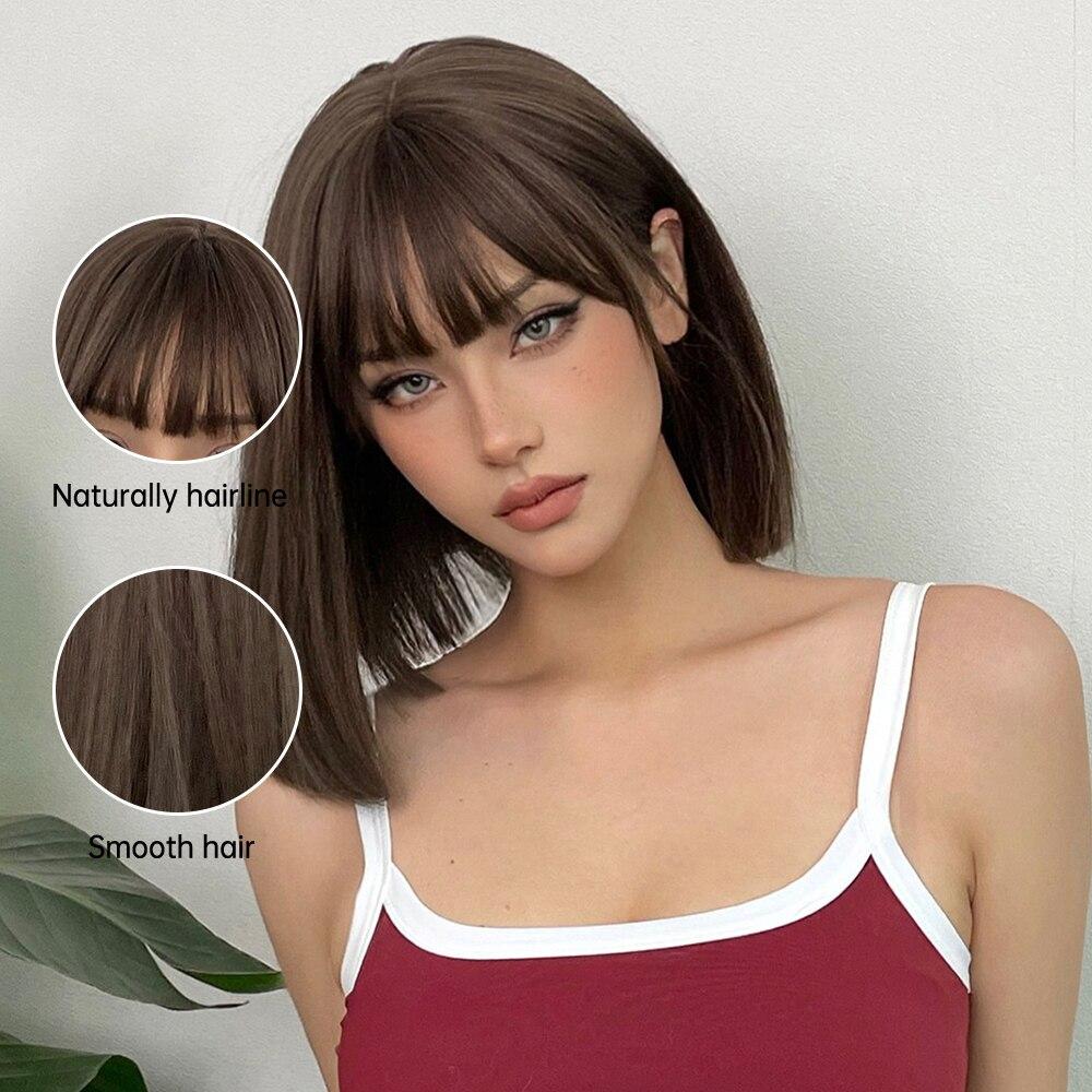 HAIRCUBE Short Brown Synthetic Natural Wig for Women Straight Shoulder Length Brown Hair With Bangs Heat Resistant Daily Cosplay