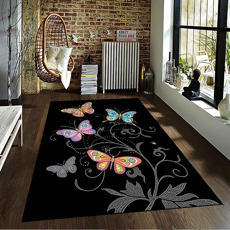 Bunter Schmetterlings-Teppich mit schwarzem Hintergrund und Blumenmuster, geeignet als rutschfester Unterleger für Wohnzimmer, Schlafzimmer, Sofas