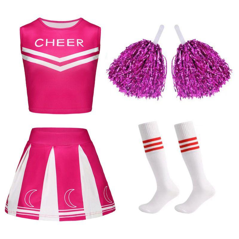 4-12 Years Kids Girls Cheerleader Costume Set Sleeveless Top Skirt Pompoms and Socks