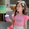 Girls Summer Cotton Ruffle Sleeve Cartoon T Shirt Thin Breathable Short Sleeve Top
