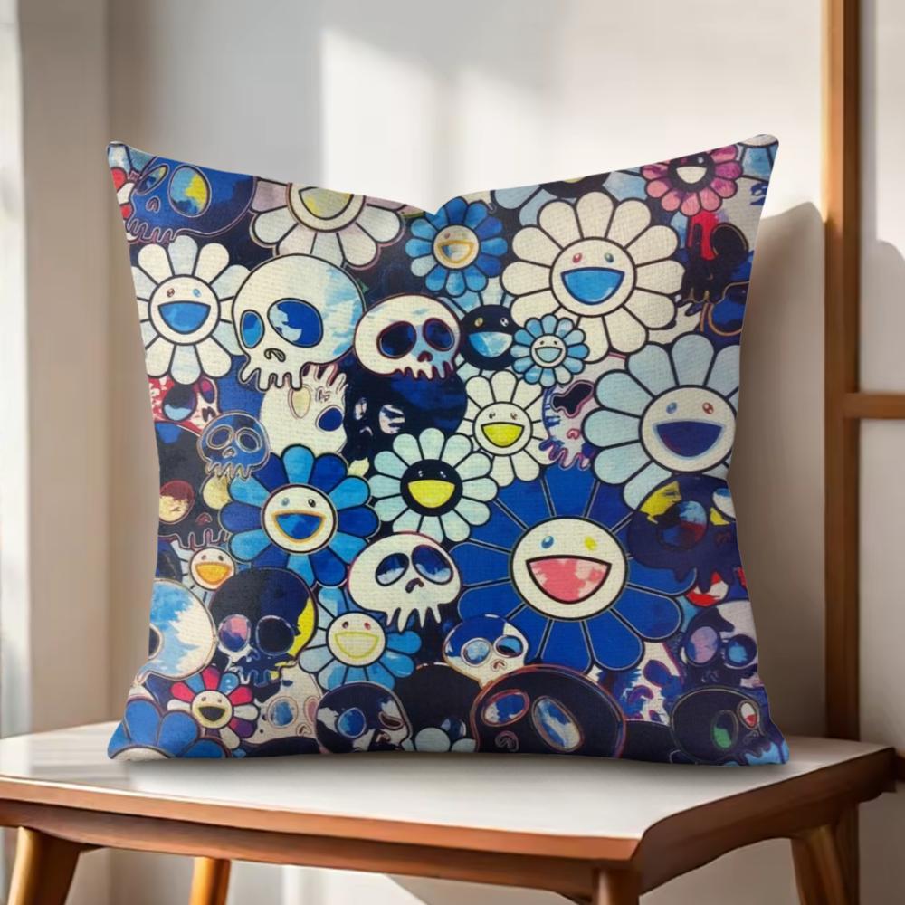 Art Sunflower MMurakamiTakashi Cushion Cover Natural Linen Organic Fabric DoubleSided Printing Couch Pillow Covers Home Decor