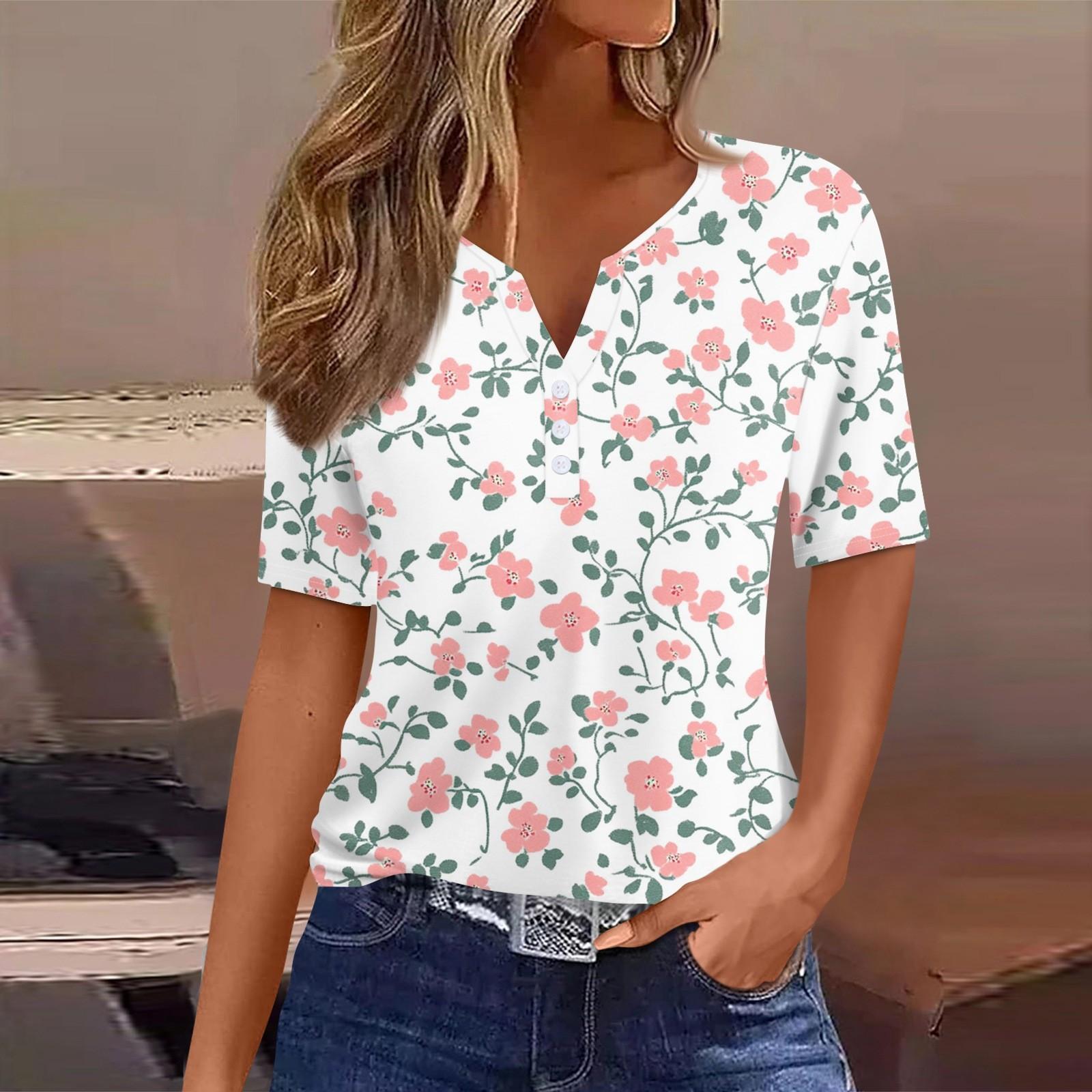 

Women s Casual Printed V-Neck Short Sleeve Decorative Button T-Shirt Top L