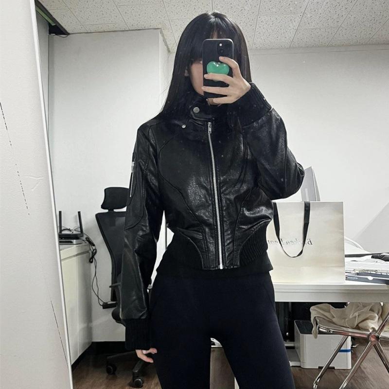 Dámská retro motocyklová bunda z kůže ve stylu Hongkongu: Punková móda krátká bunda na jaro a podzim