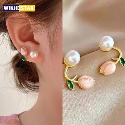 Sweet Cute Enamel Pearl Tulip Flower Stud Earrings for Women Korean Temperament Back Hanging Earring Fashion Jewelry