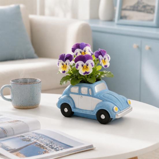 Retro brouk Auto Sukulentní Květináč, Velkokapacitní Květináč ve Tvaru Auta se Stárkovanou Glazurou Modrobílý Povrch, Kreativní Dekorace na Stůl pro Terasu Balkon