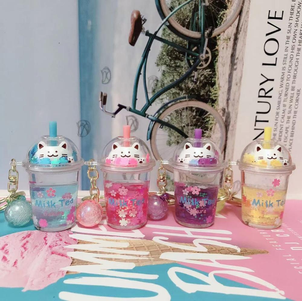 Ornaments Kids Bag Key Ring Sakura cat Key Ring Car Key Chain Key Holder Milk Tea Bottle Keychain