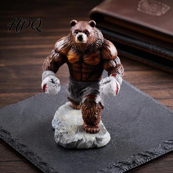 Office Desk Accessory Resin Boxing Bear Figurine Muscle Statue for Decor Animal Figurine Brown White Sculpture and Home Display Small Ornament