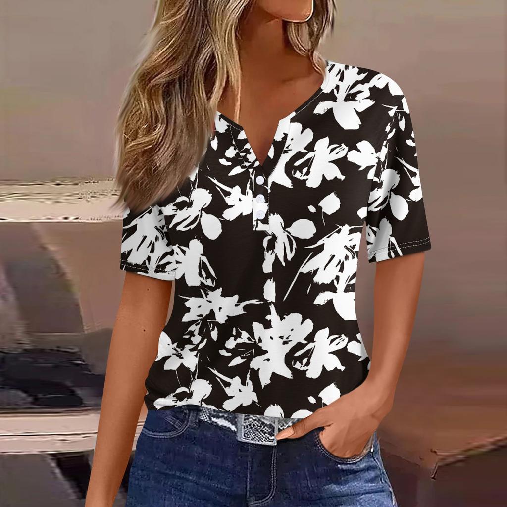 Women's T Shirt Tee Print Button Short Sleeve Daily Weekend Fashion Basic V- Neck Regular Top