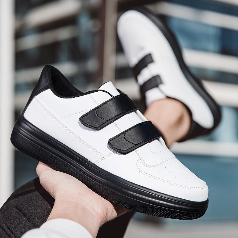Men's Large Velcro White Low-Top Sneakers - Lightweight Casual Sports Shoes with Thick Soles