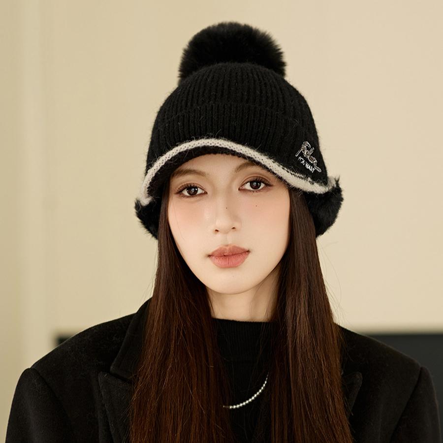 Casquette de baseball tricotée en fourrure épaisse pour femme, couleur unie, automne et hiver