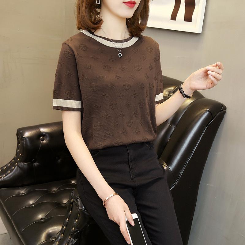 Summer New Design Ice Silk Knitted Short-sleeved Color Matching Round Neck Loose T-shirt Contrasting Color Foreign Style Top Thin Bottoming Shirt
