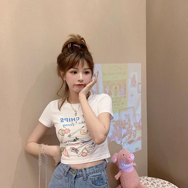 High-Waist Cropped T-Shirt, Slim Fit, Korean Style, 2022 Summer Chic, Short Sleeve