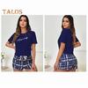 2 Pcs/Set Women Summer Pajama Set O Neck Letter Print Short Sleeves T-shirt Drawstring Elastic Waist Plaid Pattern Homewear Two Piece Set Sleepwear