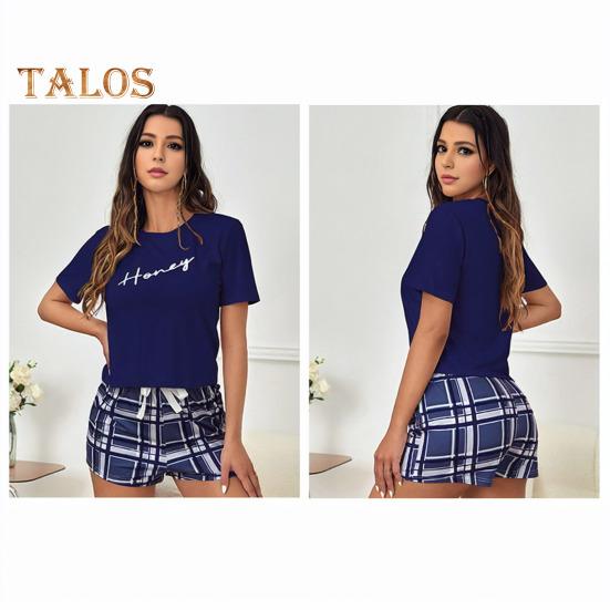 2 Pcs/Set Women Summer Pajama Set O Neck Letter Print Short Sleeves T-shirt Drawstring Elastic Waist Plaid Pattern Homewear Two Piece Set Sleepwear